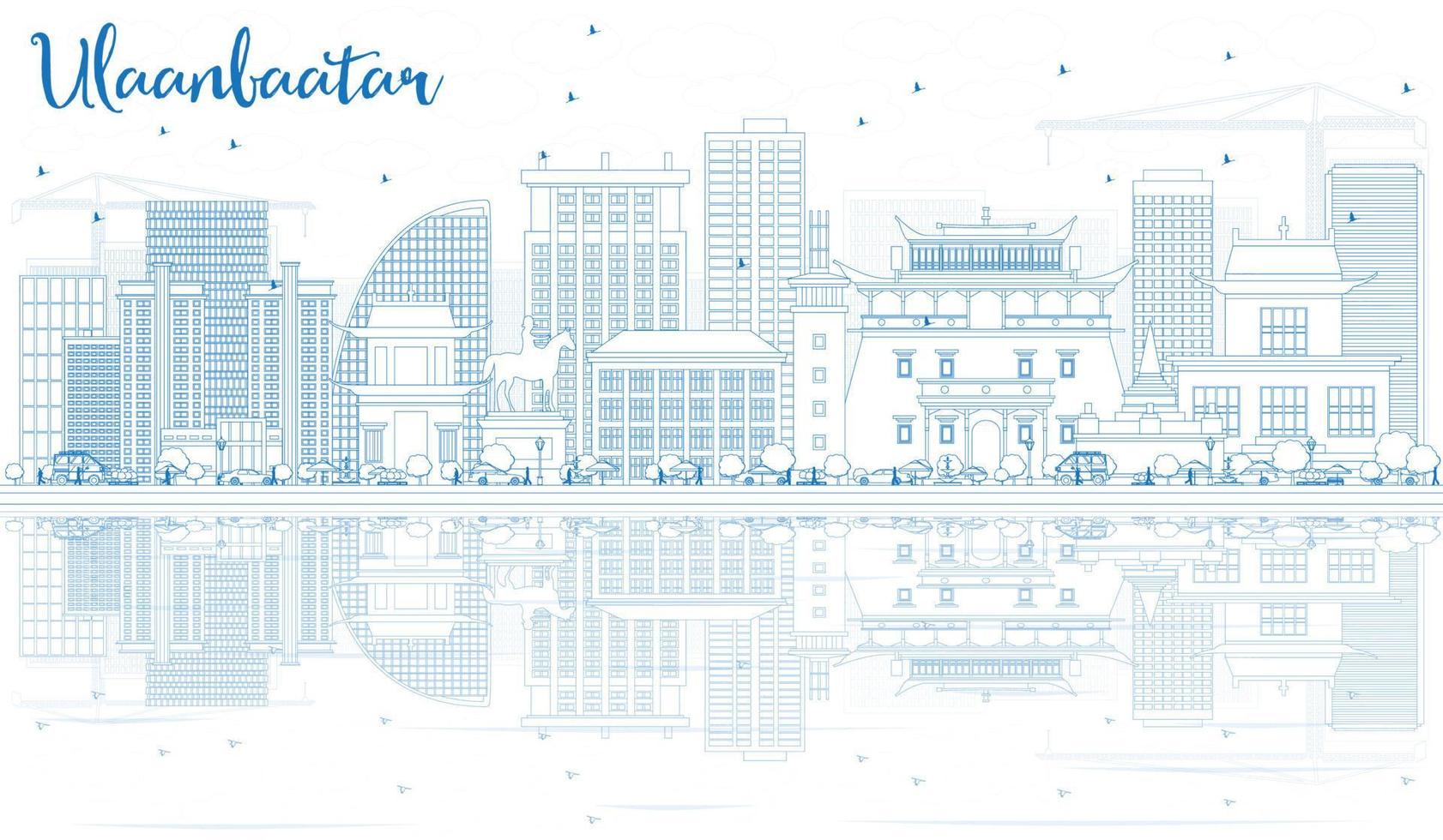 Outline Ulaanbaatar Skyline with Blue Buildings and Reflections. vector