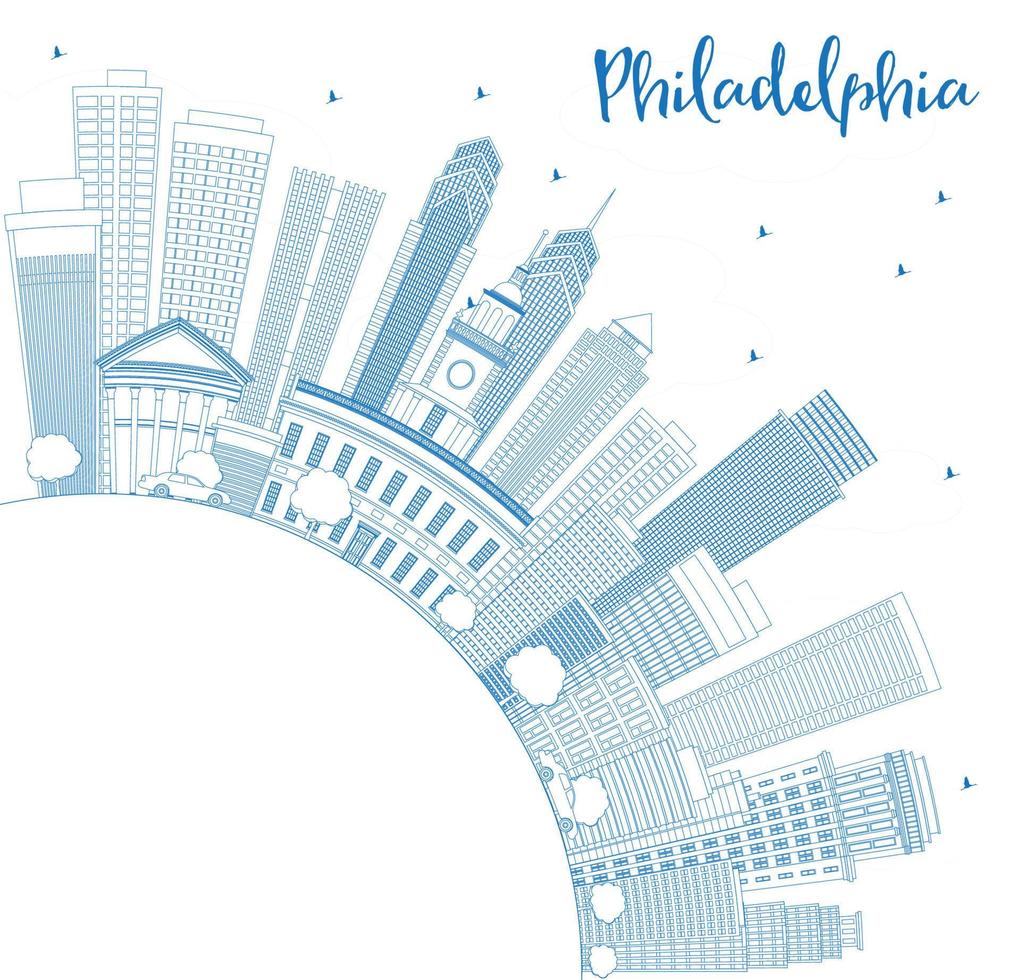 Outline Philadelphia Skyline with Blue Buildings and Copy Space. vector