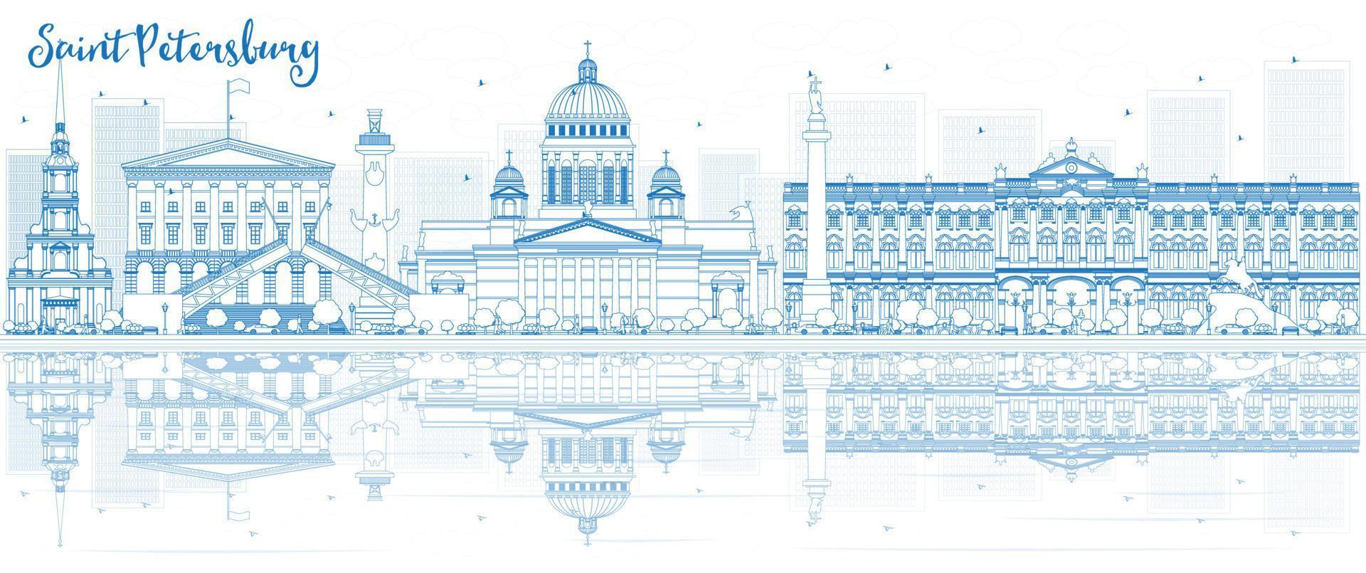 Outline Saint Petersburg skyline with blue buildings and reflections. vector