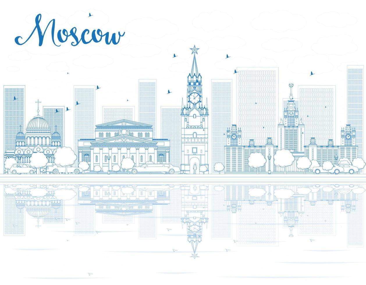 Outline Moscow skyline with blue landmarks. vector