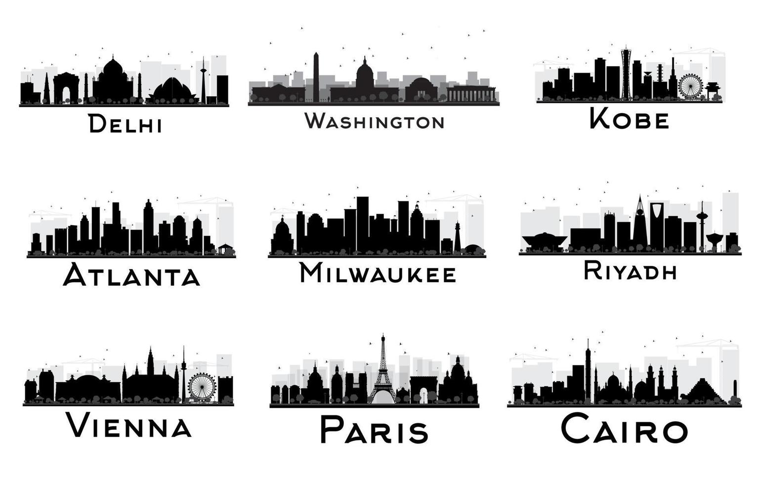 Set of City Skyline Black and White Silhouette. vector