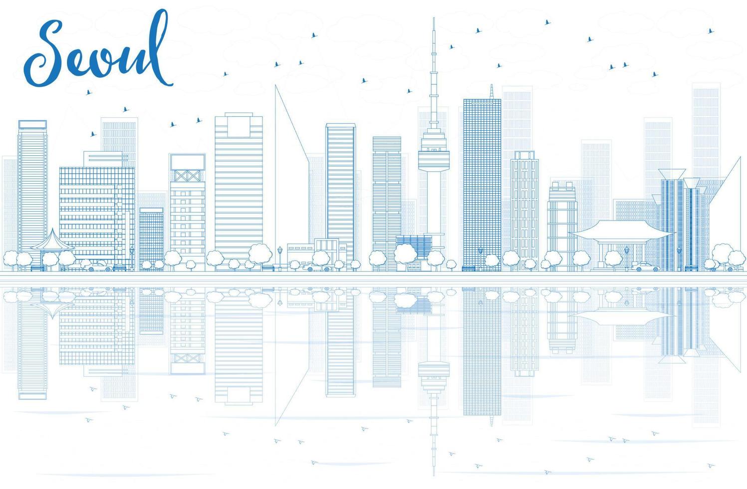 Outline Seoul skyline with Blue buildings and reflections. vector