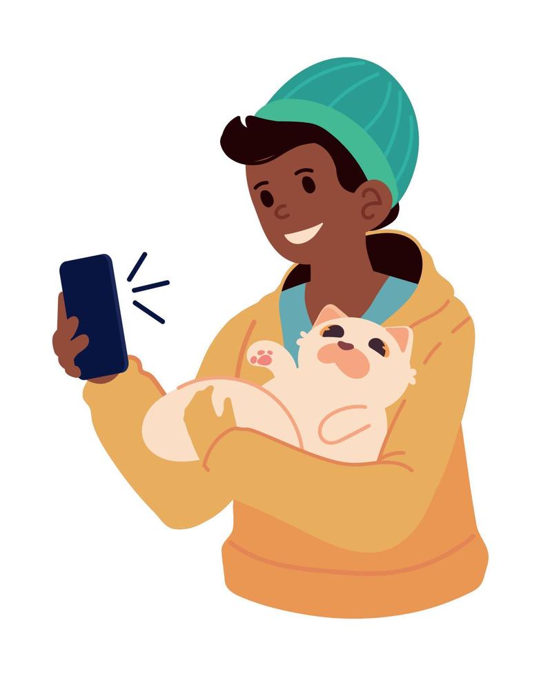 woman with cat taking selfie vector