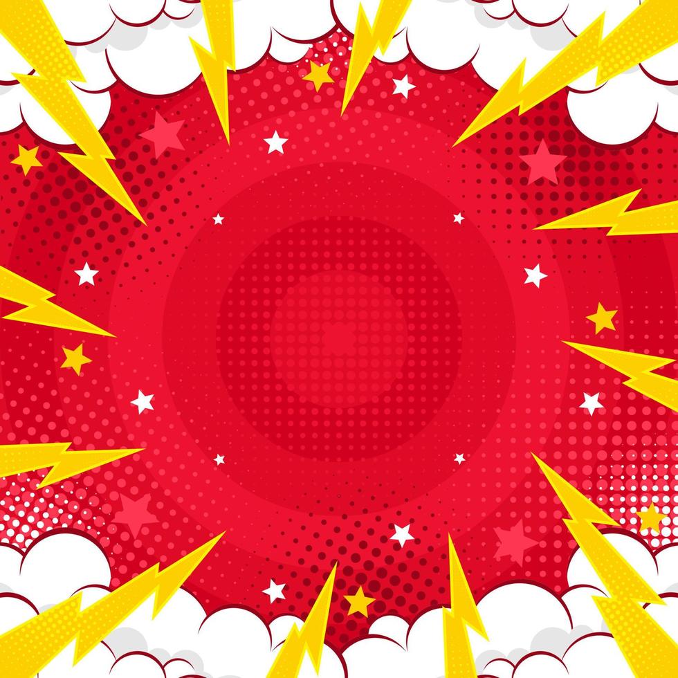 Fondo de arte pop de fondo cómico abstracto rojo para póster o libro en fondo de rayos radiales de color rojo con medio tono y efecto de nube vector