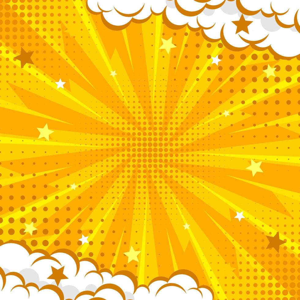 fondo de arte pop de fondo cómico abstracto amarillo para póster o libro en color amarillo rayos radiales fondo con efecto de trama de semitonos vector
