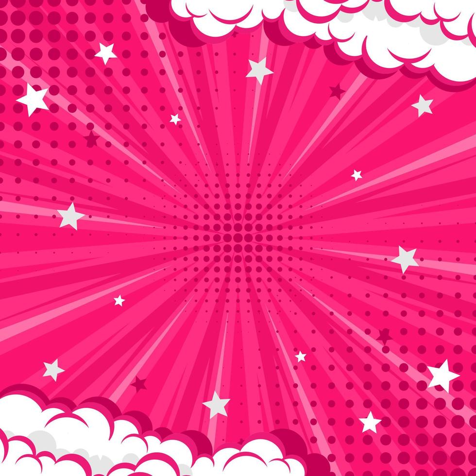 fondo de arte pop de fondo cómico abstracto rosa para póster o libro en color rosa rayos radiales fondo con medio tono y efecto de nube vector