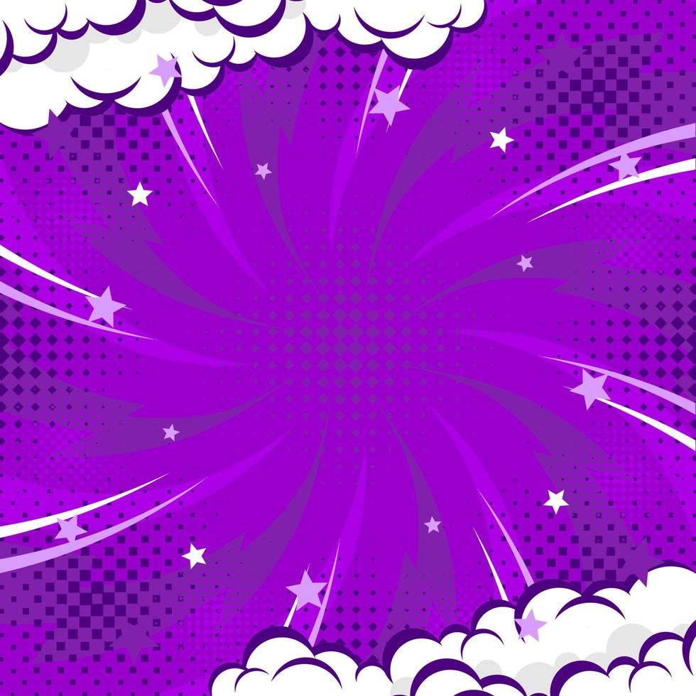 Purple abstract background pop art background for poster or book in purple color radial rays backdrop with halftone and cloud effect vector