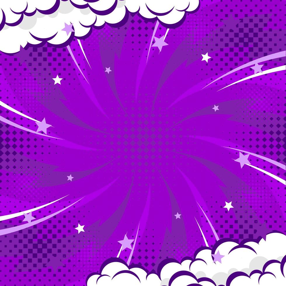 Fondo de arte pop de fondo abstracto púrpura para póster o libro en fondo de rayos radiales de color púrpura con medio tono y efecto de nube vector