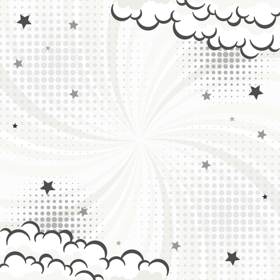 Fondo de arte pop de fondo cómico abstracto gris para póster o libro en rayos radiales grises con efecto de semitono y nube vector