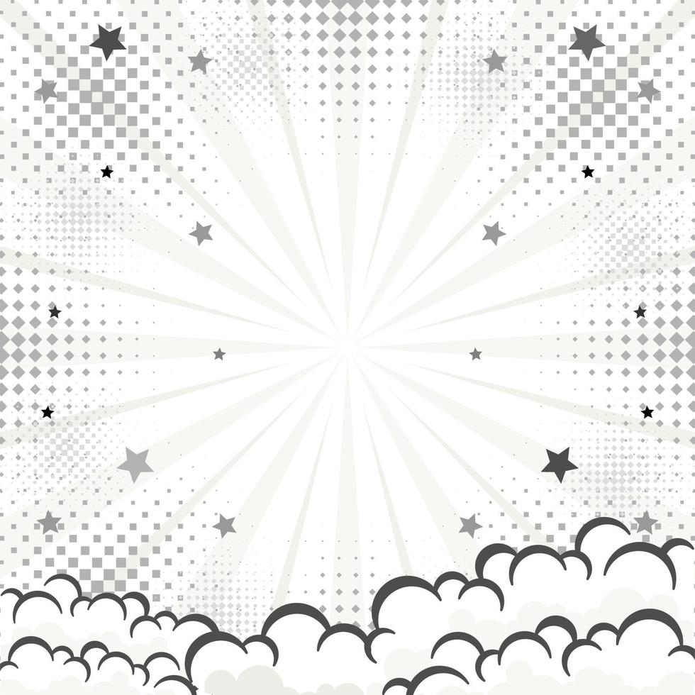 Fondo de arte pop de fondo cómico abstracto gris para afiche o libro en rayos radiales grises con estrella de medio tono y efecto de nube vector