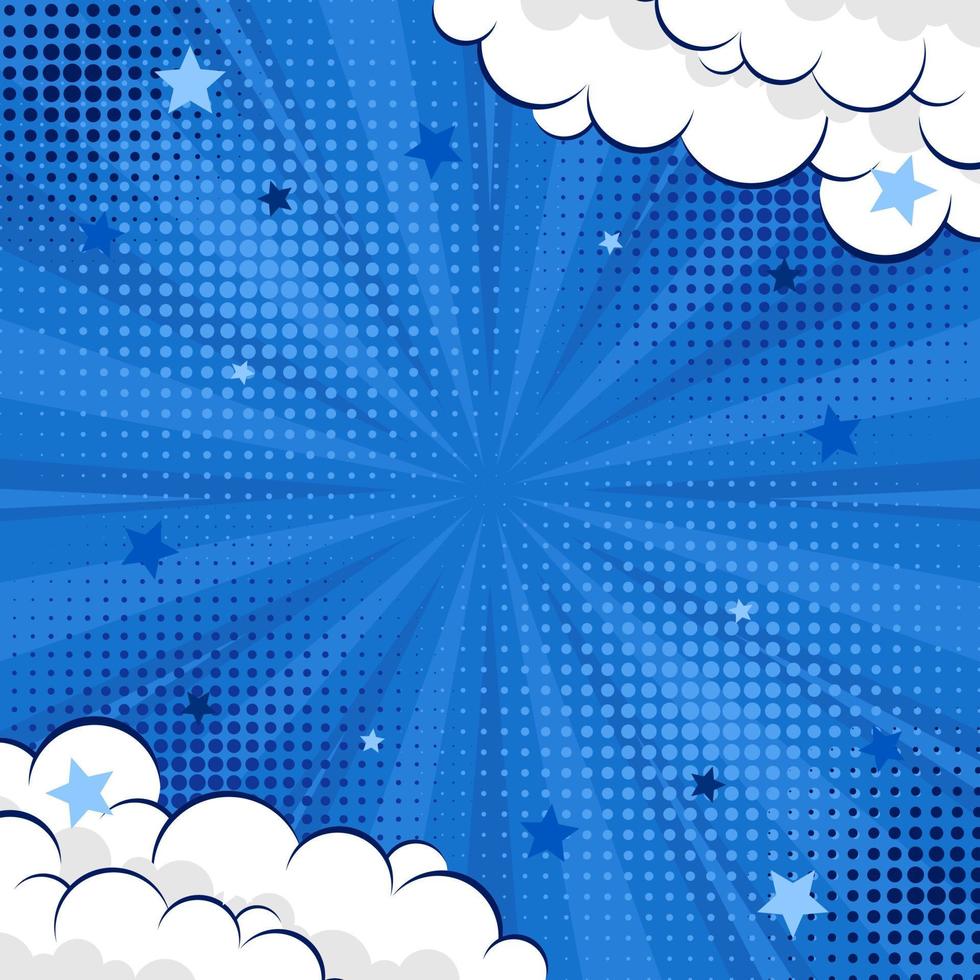 fondo de arte pop de fondo cómico abstracto azul para póster o libro en fondo de rayos radiales de color azul con medio tono y efecto de nube vector