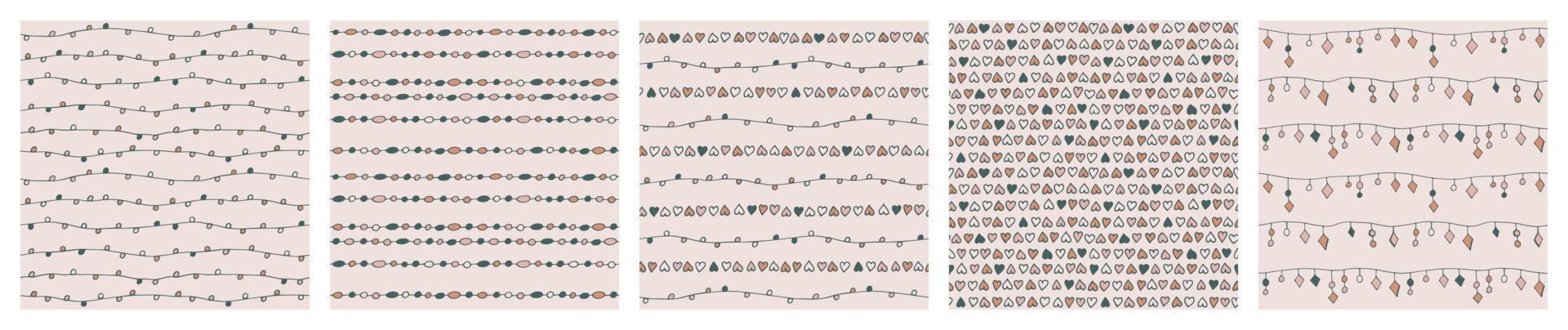 Collection of vector seamless patterns of hand drawn beads, hearts, garlands. Set of abstract background from decorative doodle elements. Modern trendy print for textiles, fabric