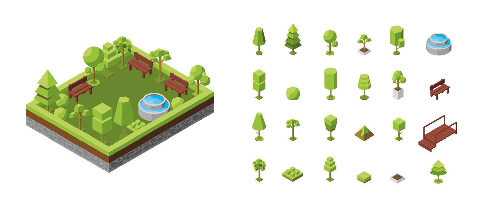 ilustración isométrica vectorial. concepto de parque ecológico, áreas de recreación con fuente. paisaje natural, entorno. reserva natural ajardinada, bosque, arboleda. árboles iconos isométricos 3d vector
