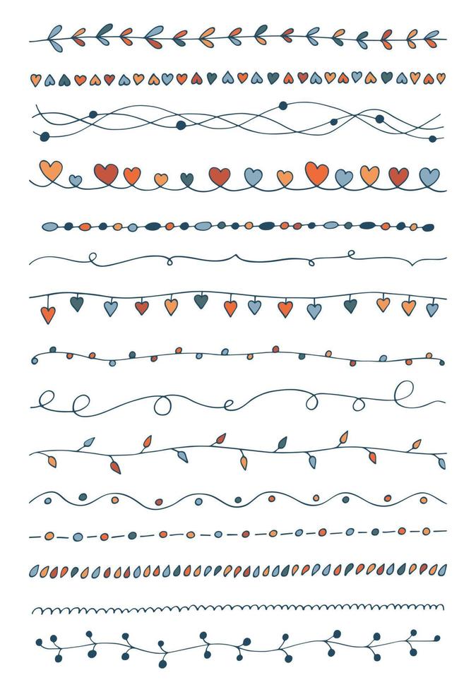 Vector set colored hand drawn vintage borders. Doodle lines collection for your design. Cute trendy decorative and botanical element. Curves decorated with leaves, circles, swirls, hearts