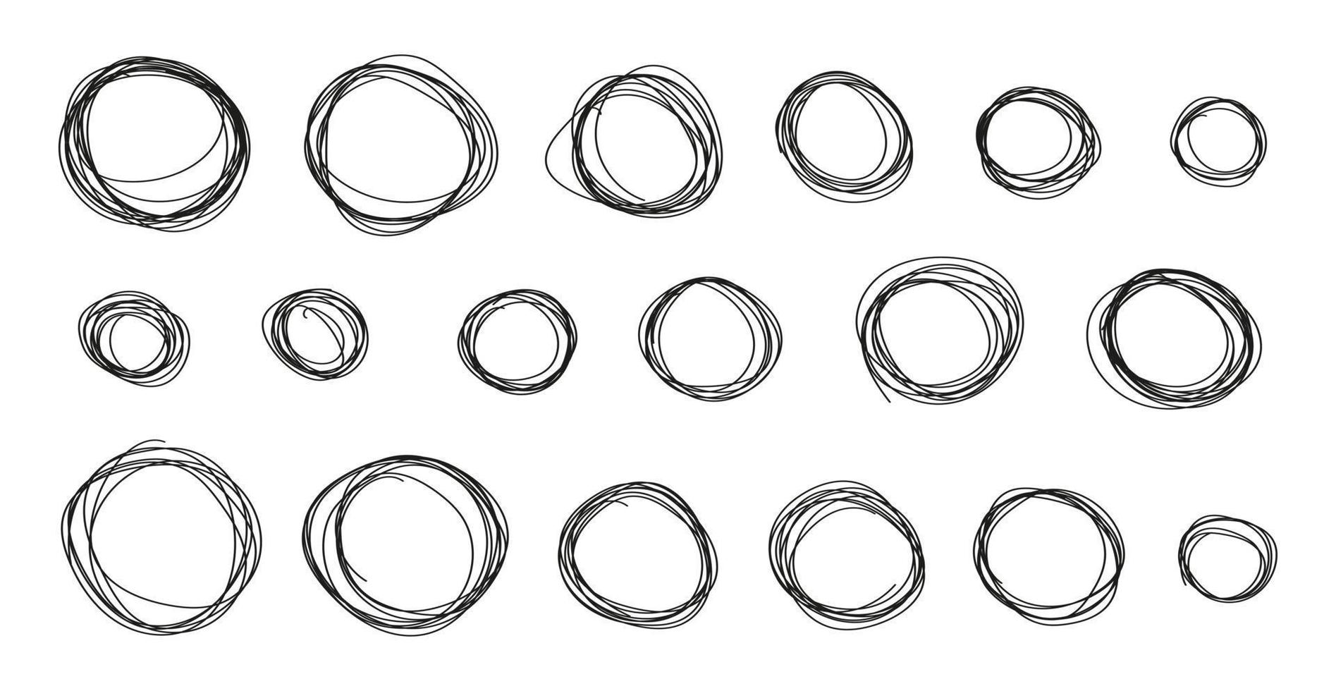 Vector set of hand drawn round frames. Collection of geometric doodles, twisted line, curves. Decor element for decoration, simple sketch circles for design