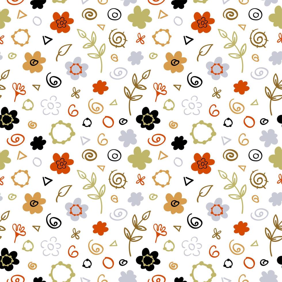 Vector seamless pattern from floral elements, plants. Abstract background with hand drawn flowers, leaves, branches and decorative shapes. Trendy texture from cute doodle botanical elements, wallpaper