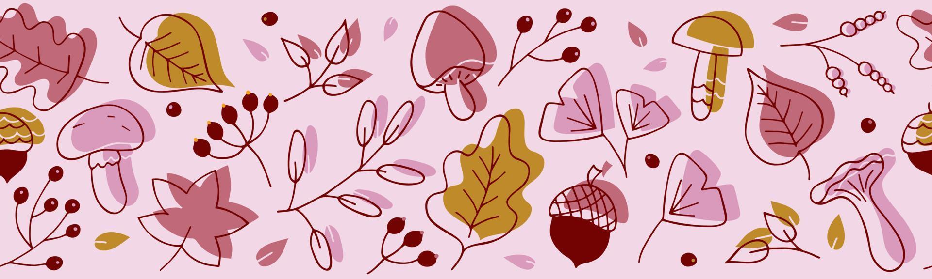 Vector seamless border of hand drawn leaves, mushrooms, twigs, berries and acorns. Repeating endless ornament with doodle decorative plants. Trendy background pattern of autumn botanical doodles