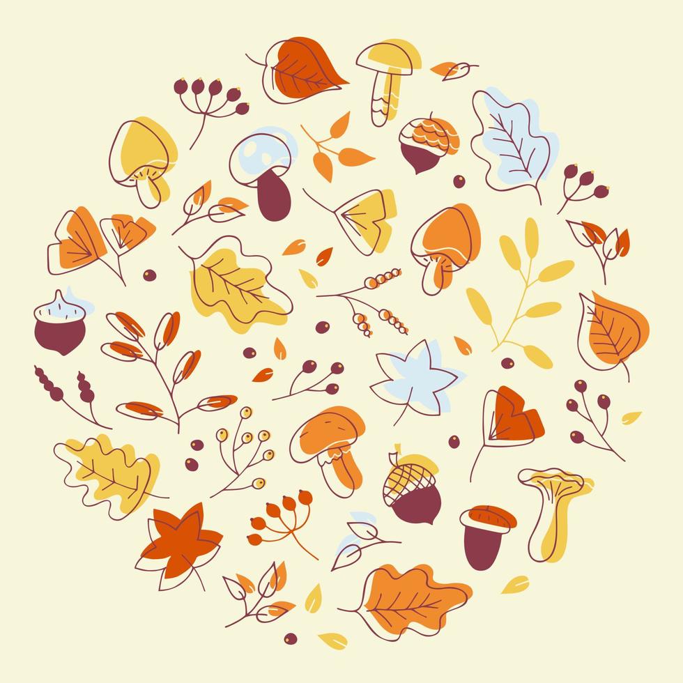 Vector pattern of autumn leaves, twigs, berries, acorns and mushrooms. Postcard on the theme of the seasons, abstract background.  Hand drawn botanical illustration for September, October and November