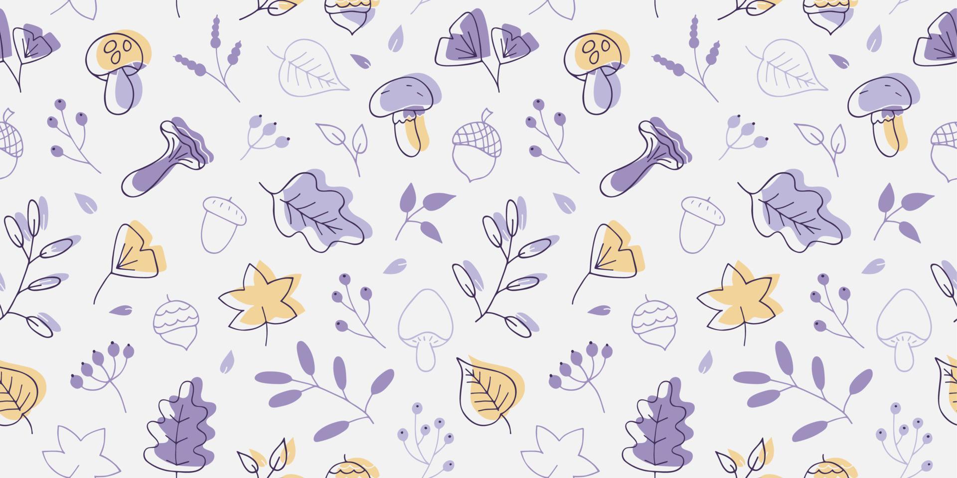 Vector seamless pattern of autumn leaves, twigs, berries, acorns and mushrooms. Abstract background from hand drawn botanical elements, cartoon plants. Trendy floral texture from cute doodles, season