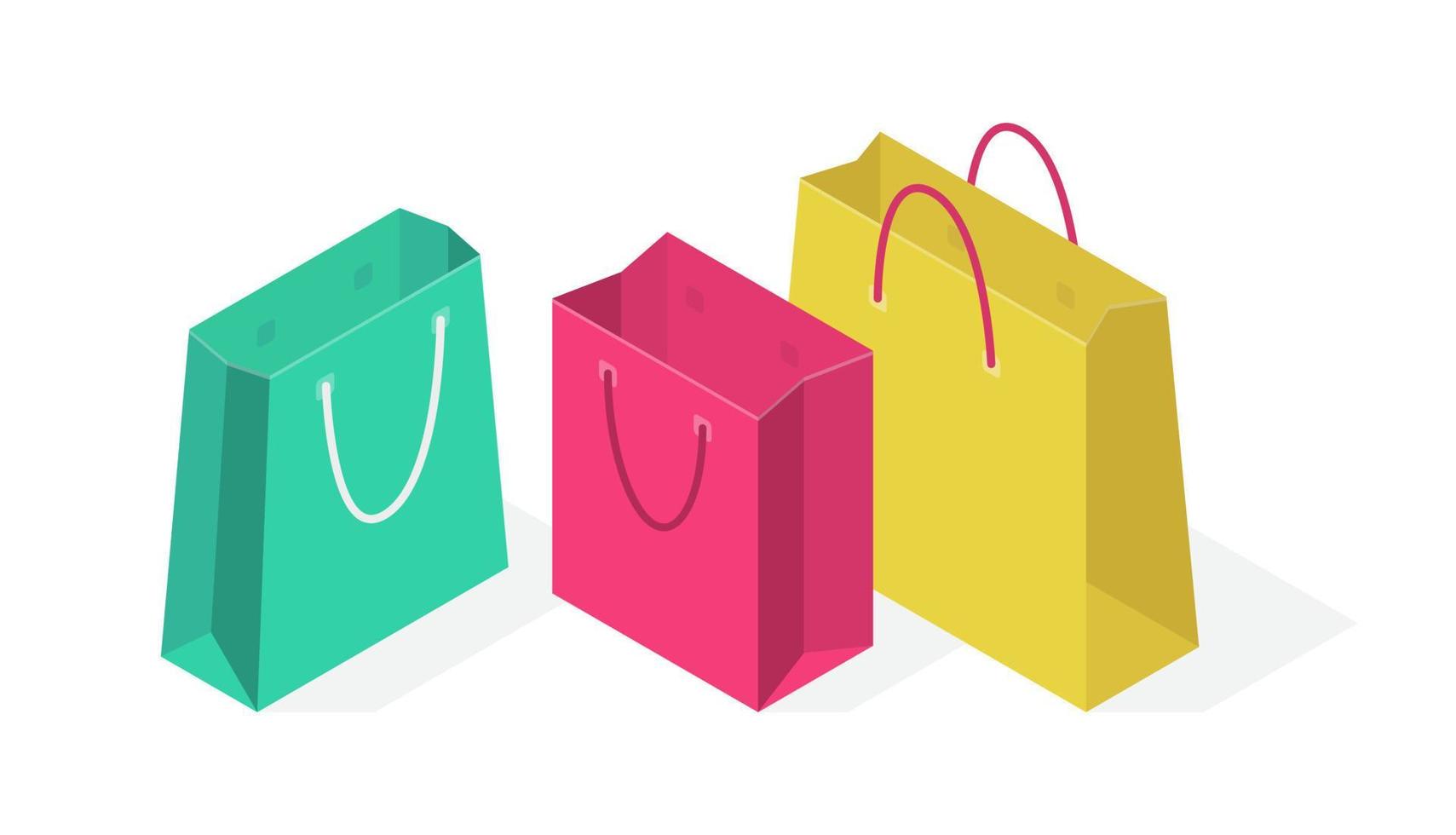 ilustración isométrica vectorial, conjunto de iconos 3d de bolsas, paquetes de colores con asas. embalaje de compras, objetos para venta al por menor, tienda, mercado, negocios vector