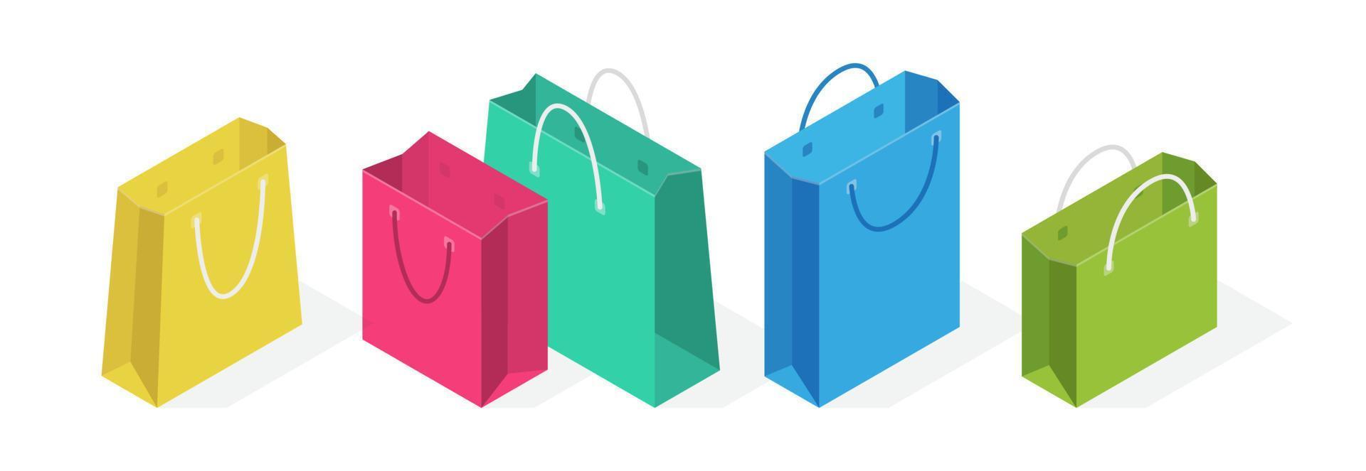 ilustración isométrica vectorial, conjunto de iconos 3d de bolsas, paquetes de colores con asas. embalaje de compras, objetos para venta al por menor, tienda, mercado, negocios vector