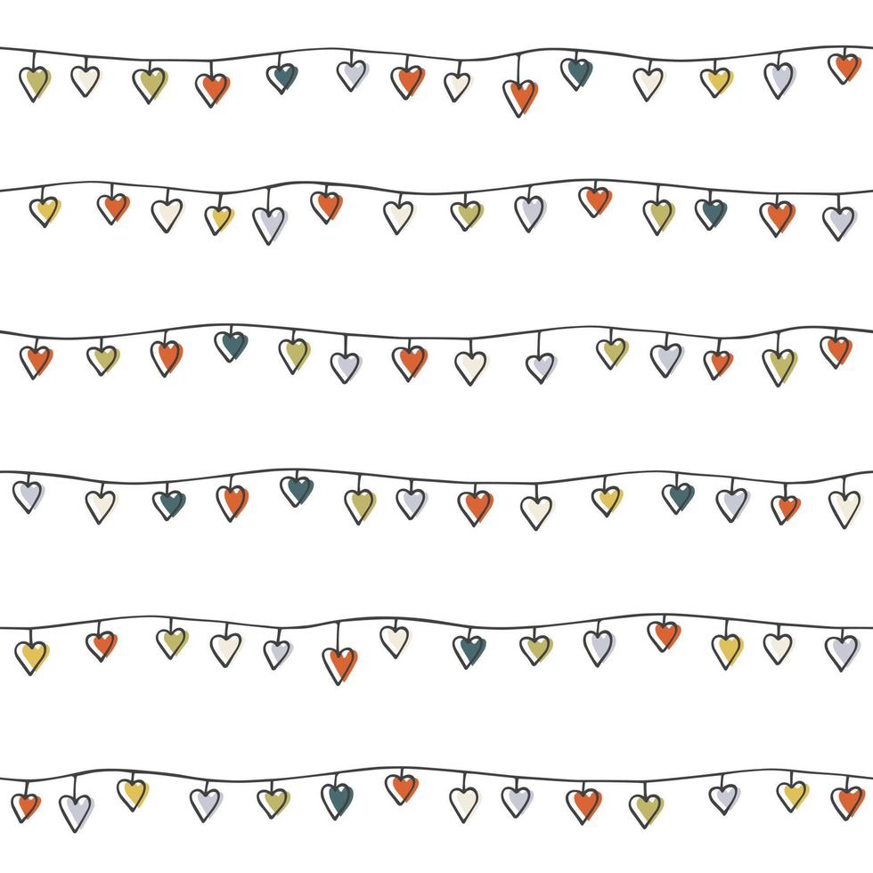 Vector seamless garland pattern with hearts. Abstract background from cute doodle elements. Curved line embellished with decorative colored shapes. Trendy texture for fabric design, carpet, textiles