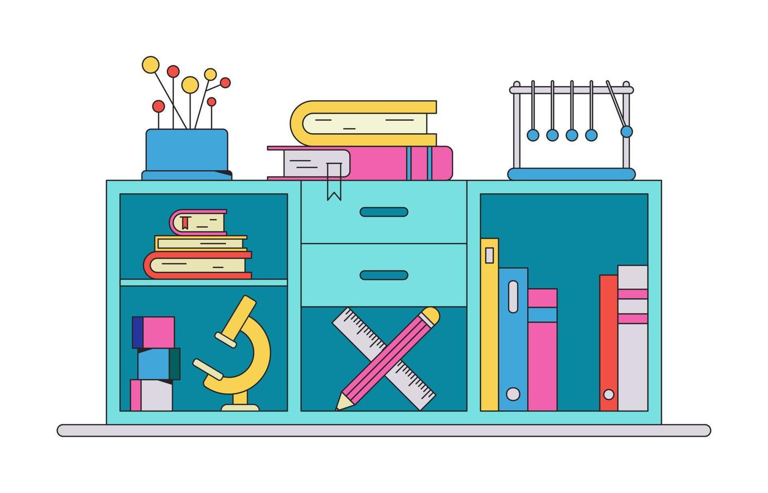 Vector flat illustration on the theme of back to school, learning, science. Collection of books, folders, objects for studying physics, biology and other subjects. Study equipment on cabinet shelves