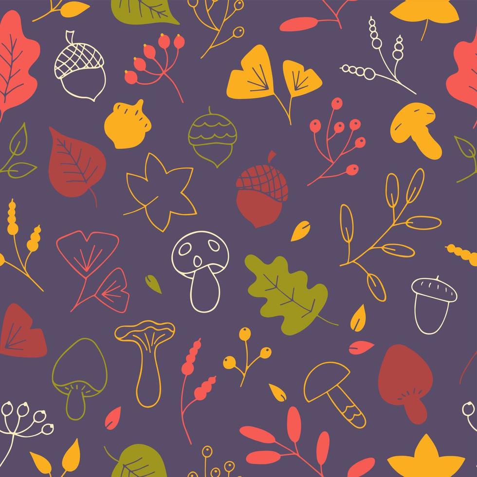 Vector seamless pattern of autumn leaves, twigs, berries, acorns and mushrooms. Abstract background from hand drawn botanical elements, cartoon plants. Trendy floral texture from cute doodles, season