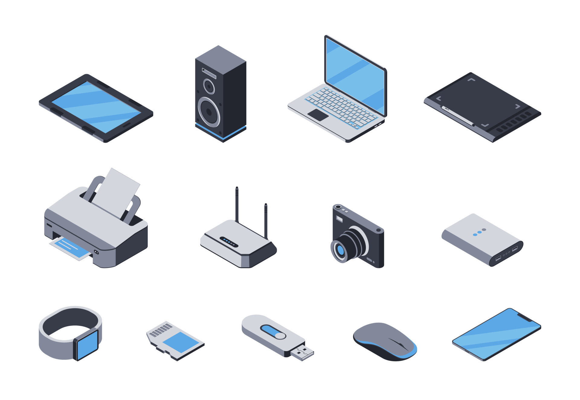 3d laptop, tablet, printer, router, camera, smartphone, powerbank and other  portable electronics. Vector set of isometric icons of computer devices,  gadgets. Collection of digital technology items 10796762 Vector Art at  Vecteezy