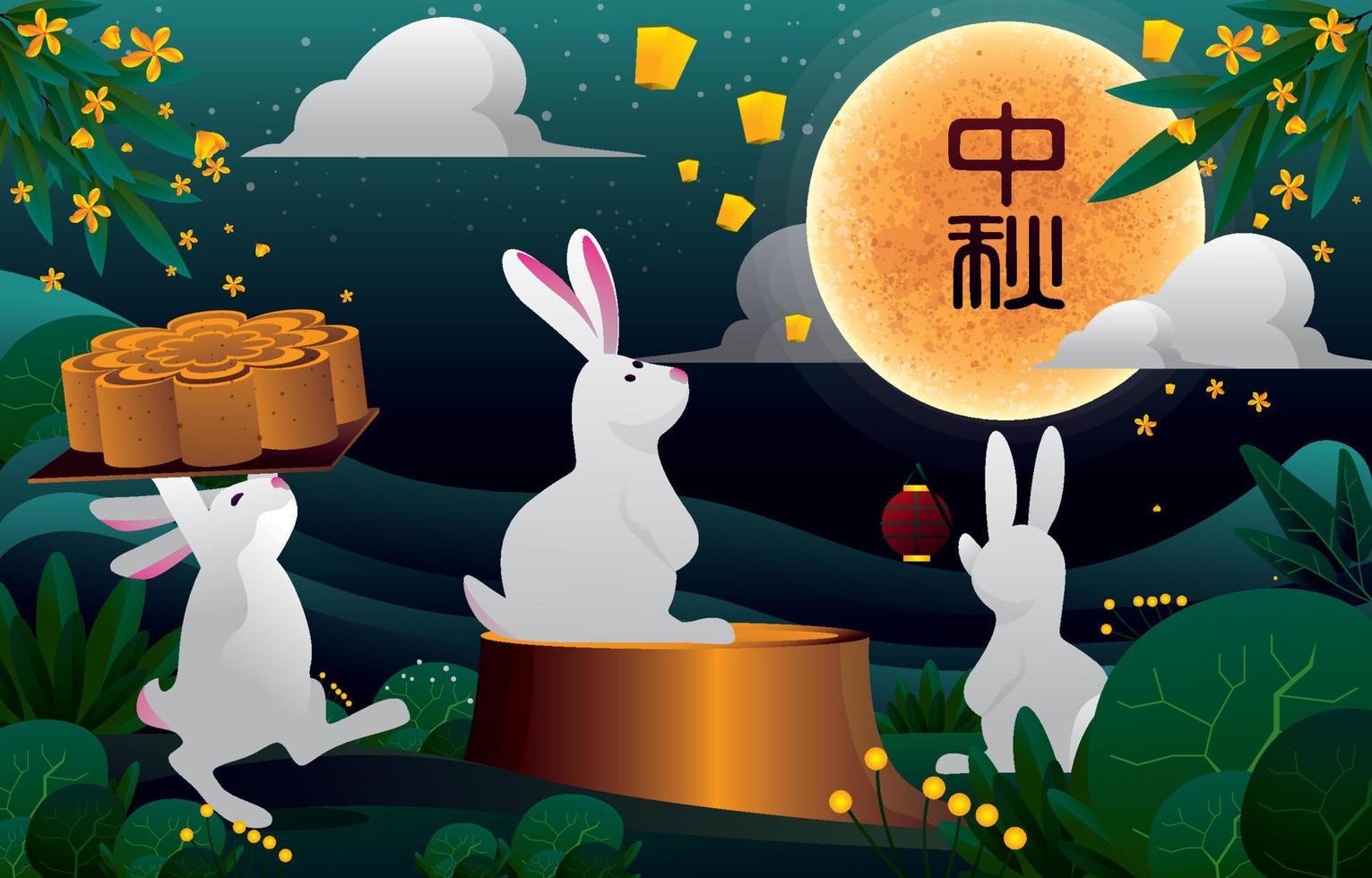 conejos y pastel de luna celebrando el festival del medio otoño vector