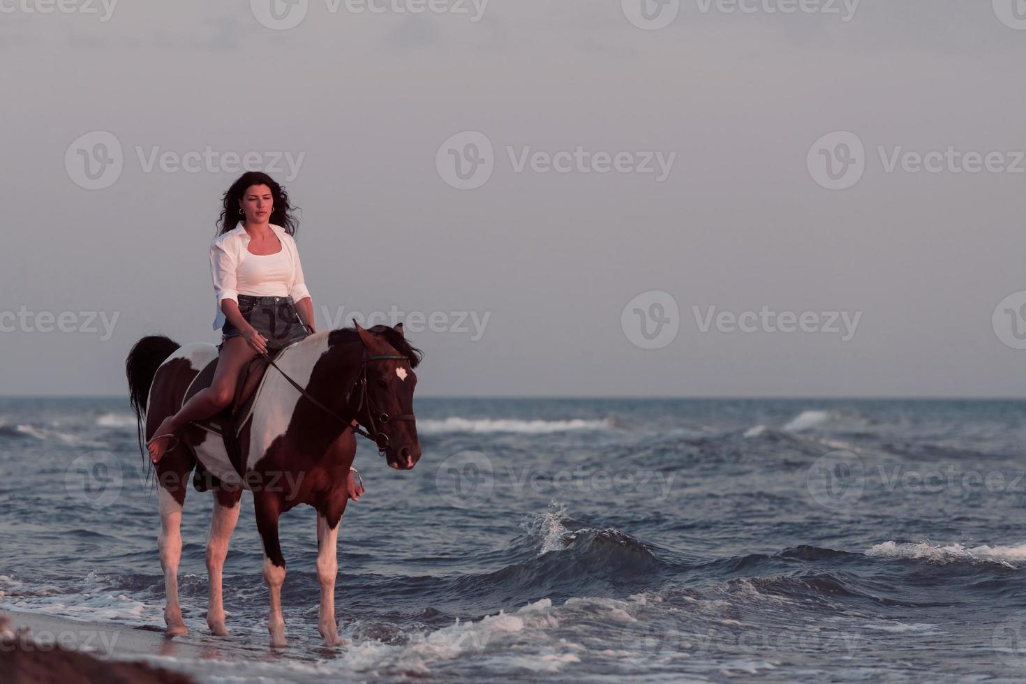 Woman in summer clothes enjoys riding a horse on a beautiful sandy beach at sunset. Selective focus photo