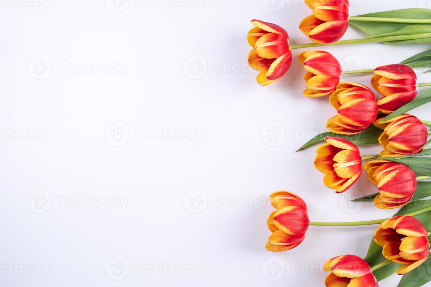 día de la madre, fondo del día de san valentín, ramo de flores de tulipán - hermoso ramo rojo, amarillo aislado en una mesa blanca, vista superior, puesta plana, concepto de diseño simulado. foto