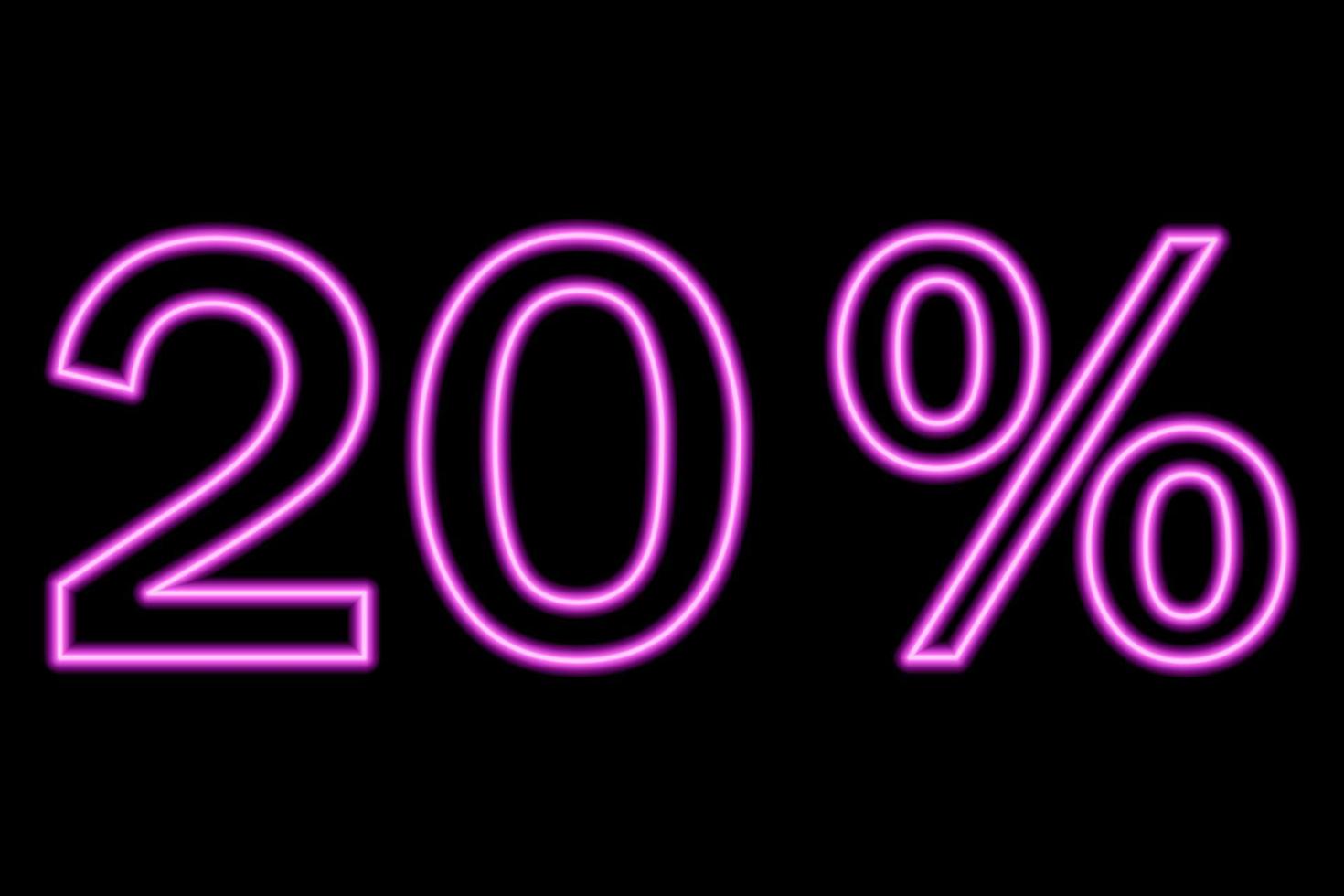 Inscripción del 20 por ciento en un fondo negro. línea rosa en estilo neón. vector