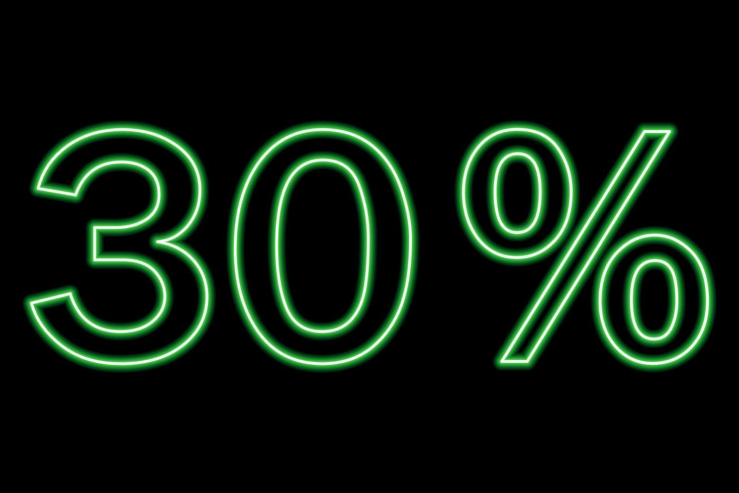 30 percent inscription on a black background. Green line in neon style. vector