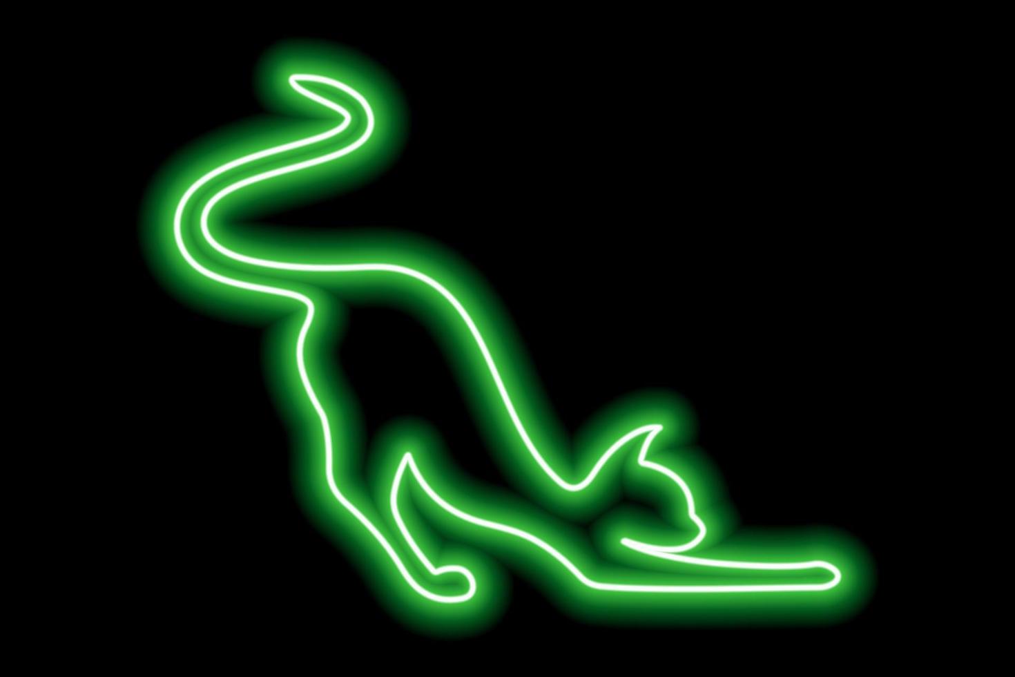 Green neon cat silhouette. Satisfied cat stretches and waves its tail vector