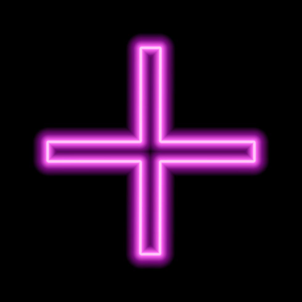 Pink neon cross on a black background. One object. Plus sign vector