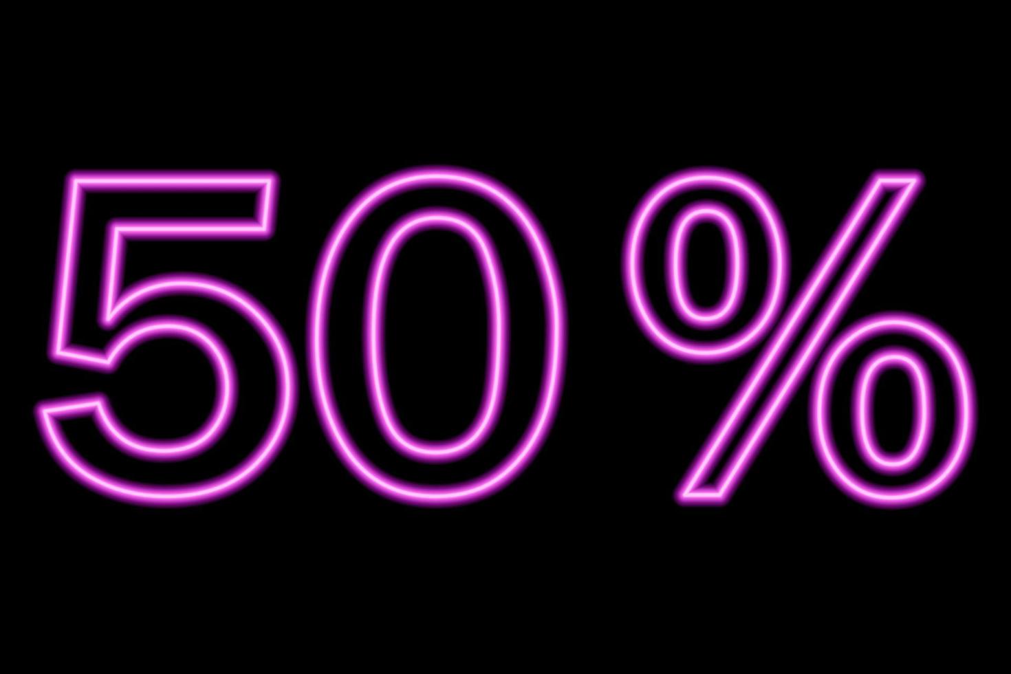 50 percent inscription on a black background. Pink line in neon style. vector