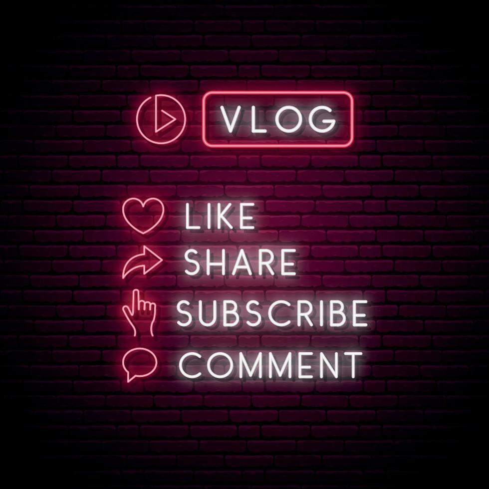 Vlog neon sign. Set of glowing neon icons for blogging. vector