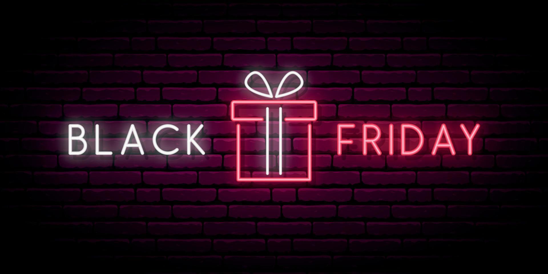 Neon Black Friday signboard. Sale banner with glowing neon text and an gift box. vector