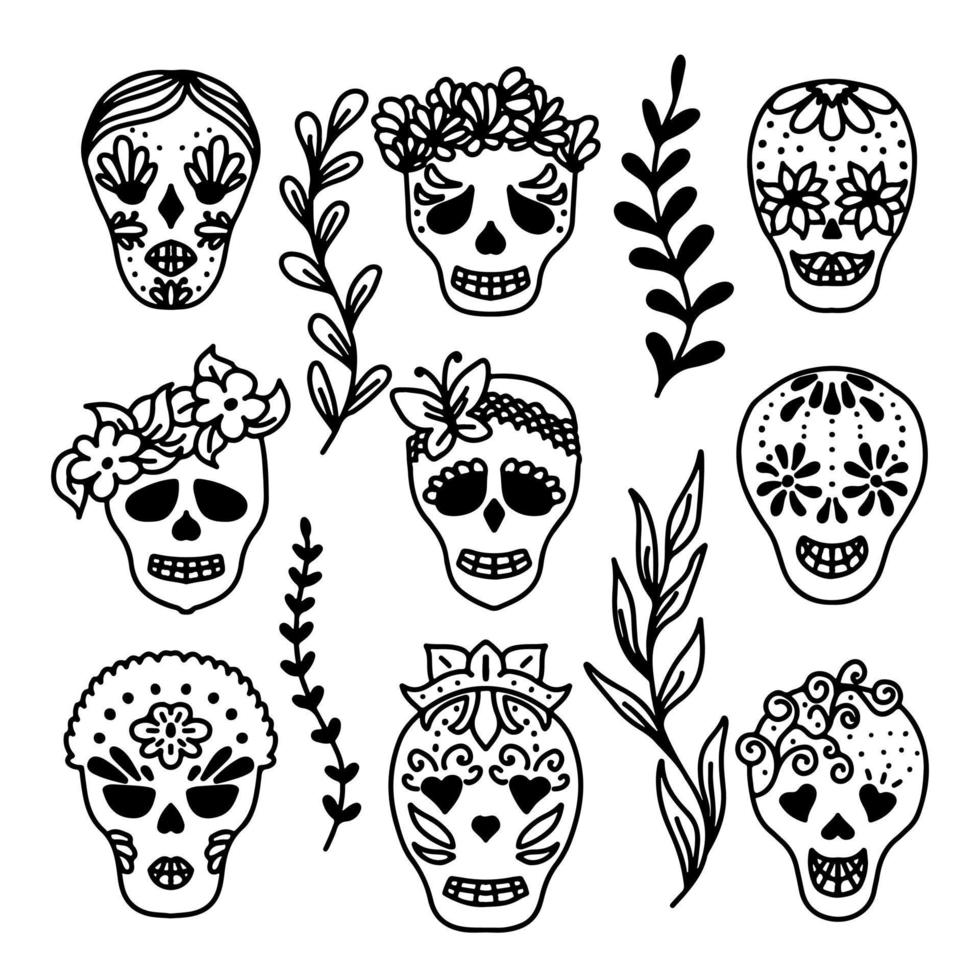 Dia de los muertos set in hand drawn doodle style. Mexican holiday. Vector illustration.