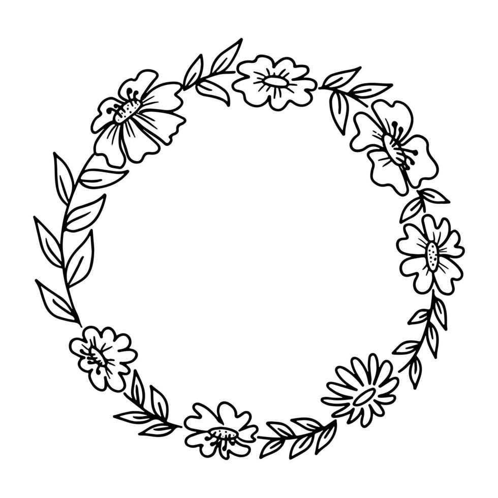 corona floral dibujada a mano. corona botánica en estilo de línea. garabato ilustración vectorial. vector