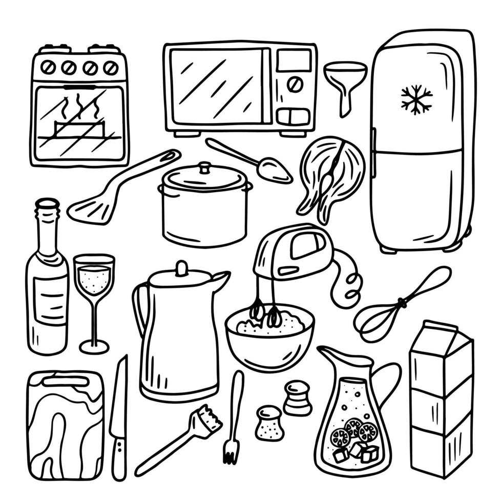 conjunto de herramientas de cocina de garabatos. garabatear equipos de cocina. ilustración vectorial aislado sobre fondo blanco. perfecto para papel tapiz, rellenos de patrones, textiles, etc. vector