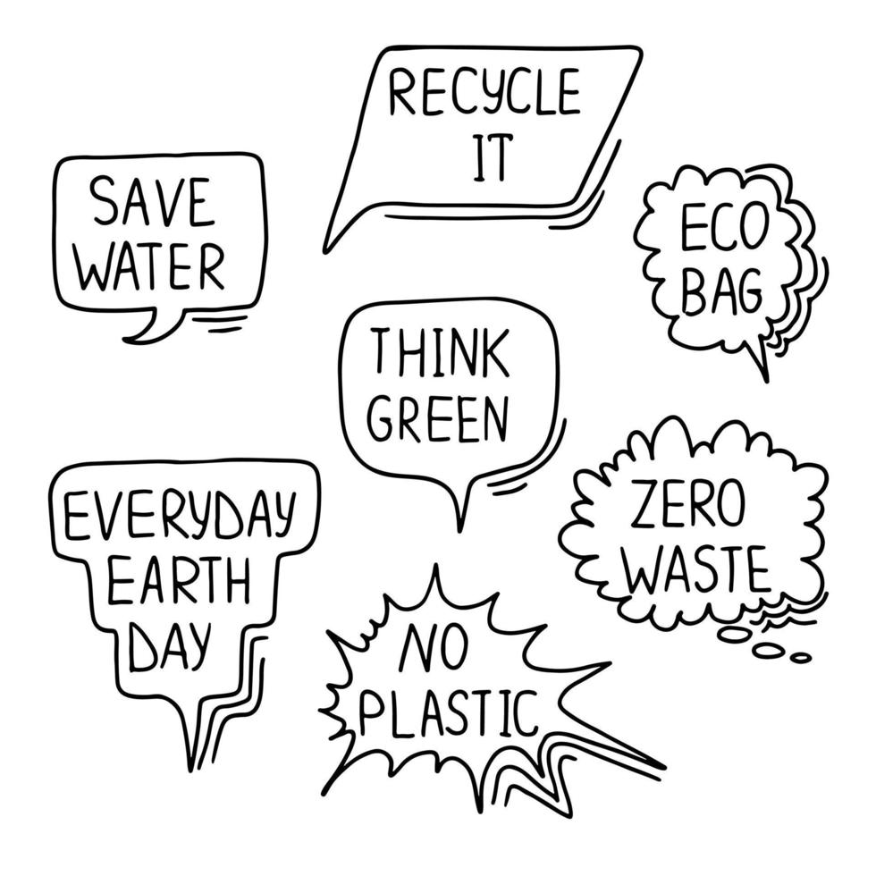 Zero waste speech bubbles in hand drawn doodle style. Vector illustration isolated in white background.