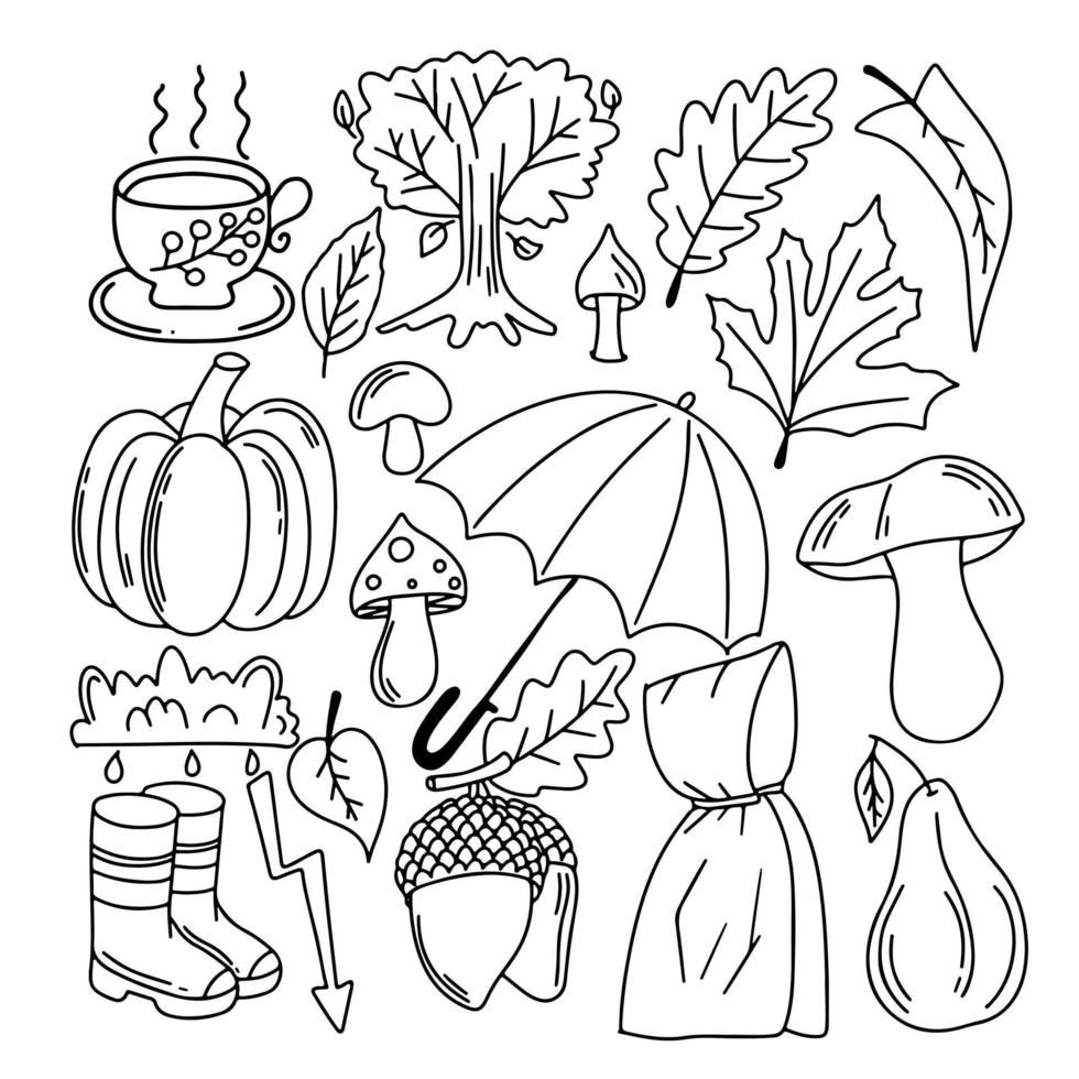 garabatos de otoño. conjunto dibujado a mano de bocetos. botas de goma, nube, libro, taza de té, paraguas, manzana, champiñones, hojas, etc. objetos aislados sobre fondo blanco. vector