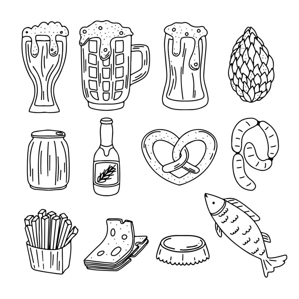 Set of beer in hand drawn doodle style. Beer and snacks in sketch style. Isolated vector illustration.