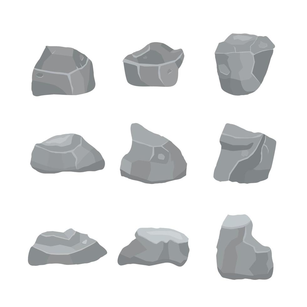 Grey stones set vector iilustration isolated n white background. Different elements of mountains and rocks. Building material.