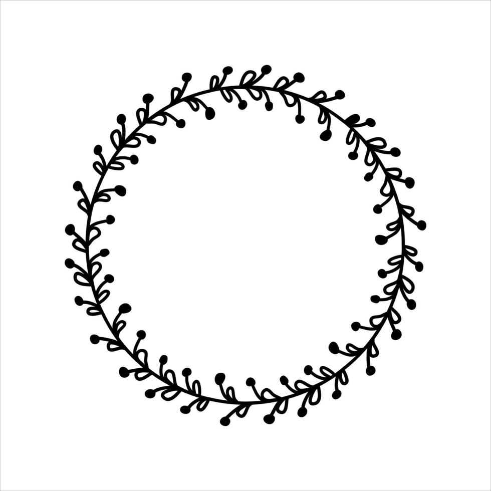 Hand drawn plant wreath. Circle floral frame with branches. Black doodle style border. Decorative vector element for greeting cards, invitations.