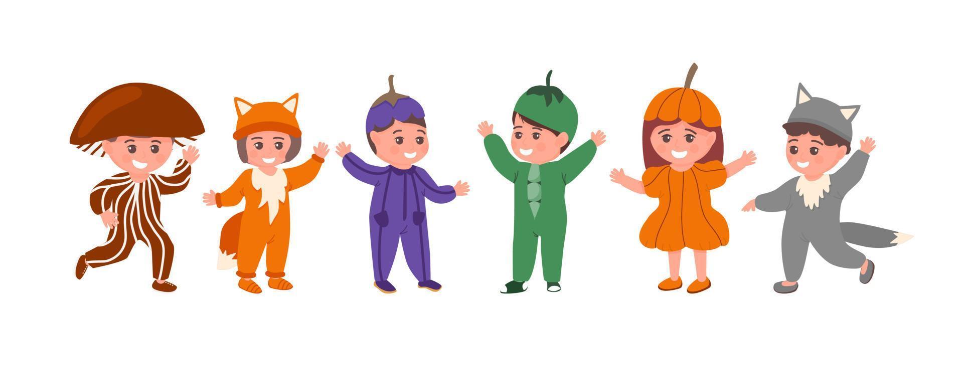 Set of kids in funny animal or vegetable costumes isolated flat vector illustration. Happy children celebrating carnivals. Adorable girls and boys dressed in Halloween party clothes.