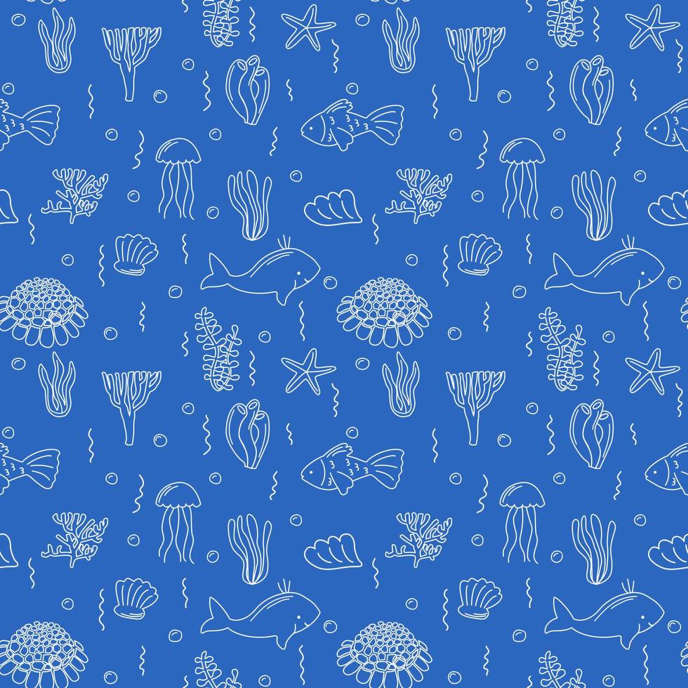 Sea life seamless pattern. Endless collection of hand drawn illustration. fish, shells, different seaweeds, shingle urchin. Isolated vector background for web, fabric, textile.