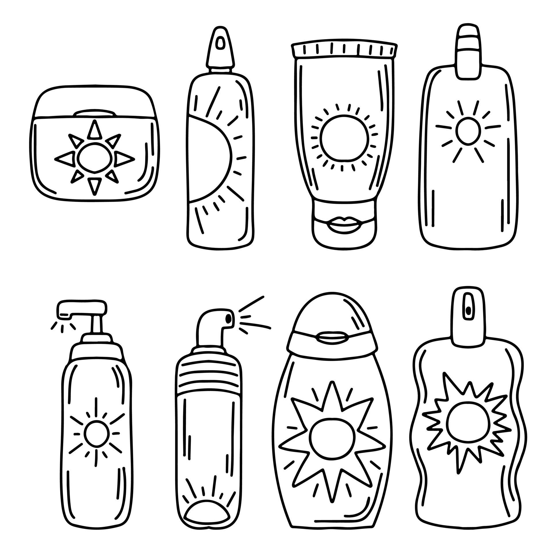 Collection of sunscreens in hand drawn doodle style. Vector doodle